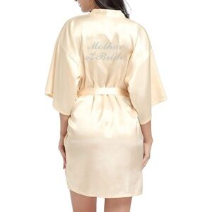 Women's Champagne Maid Of Honor Satin Kimono Short Robe Rhinestones Bridal S/M